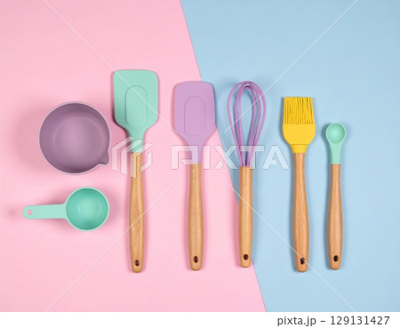 Pastel Kitchen Utensils Arrangement on Pink and Blue Split Background Still Life Pastel Kitchen Utensils Arrangement on Pink and Blue Split Background Still Life 129131427