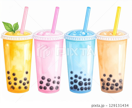 Four Cups of Bubble Tea with Tapioca Pearls in Pastel Colors Illustration Four Cups of Bubble Tea with Tapioca Pearls in Pastel Colors Illustration 129131434