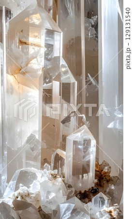 Macro Photography of Sharp Quartz Crystal Clusters Displaying Raw Mineral Texture 129131540