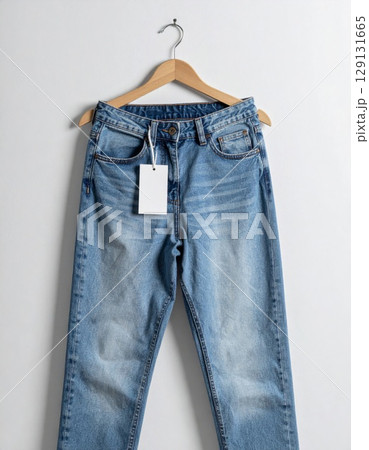 Light Blue Denim Jeans Hanging on a Wooden Hanger Against a White Wall Light Blue Denim Jeans Hanging on a Wooden Hanger Against a White Wall 129131665