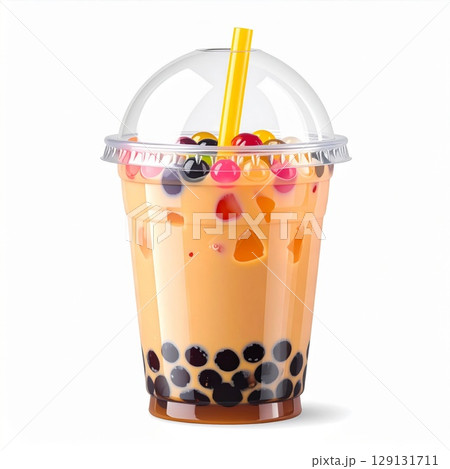 Refreshing Bubble Tea with Tapioca Pearls and Colorful Toppings on White Backdrop 129131711