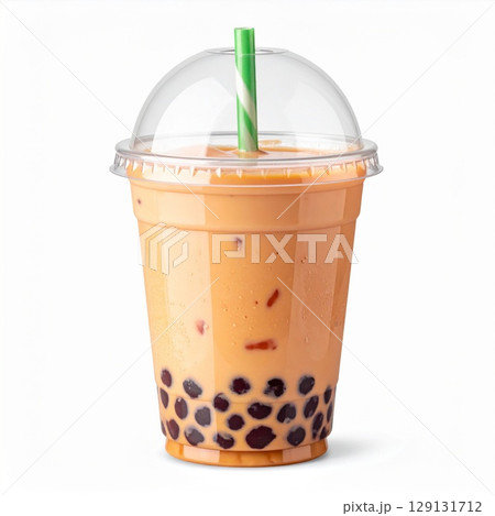 Iced Boba Tea in a Clear Plastic Cup with Tapioca Pearls and a Green Striped Straw 129131712