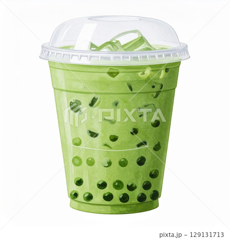 Refreshing Green Matcha Bubble Tea with Tapioca Pearls and Ice Cubes on White 129131713
