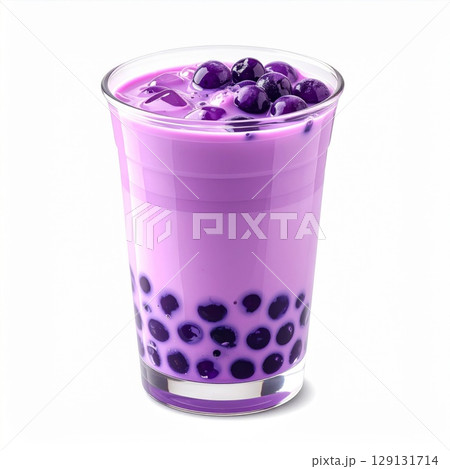 Purple Boba Tea with Tapioca Pearls in a Clear Cup on White Background 129131714