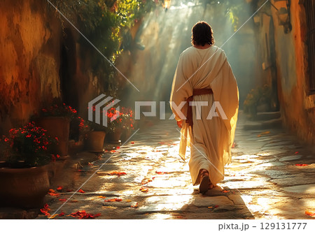 Jesus Christ walking into the light in a white robe and sandals Jesus Christ walking into the light in a white robe and sandals 129131777