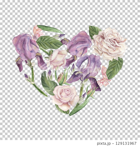 A heart-shaped composition of purple irises and pink roses. The watercolor illustration is hand-drawn in a botanical style, in pastel colors. For postcards, wedding invitations, packaging A heart-shaped composition of purple irises and pink roses. The watercolor illustration is hand-drawn in a botanical style, in pastel colors. For postcards, wedding invitations, packaging 129131967