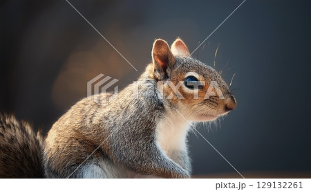 a squirrel with sharp focus on its face and fur texture, set against a soft dark background, creating a clean and minimalistic wildlife portrait 129132261