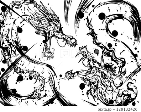 龍対龍の墨絵イラスト 129132420