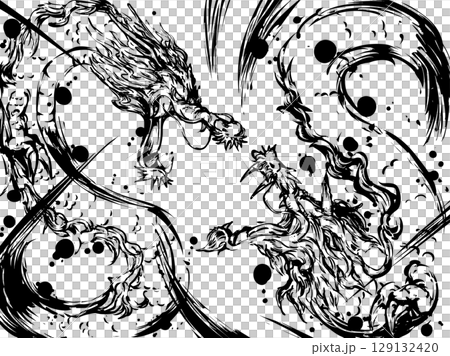 龍対龍の墨絵イラスト 129132420