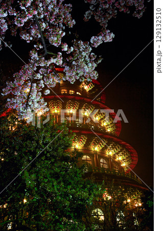 Illuminated Tianyuan Temple at Night in Tamsui, New Taipei City. 129132510