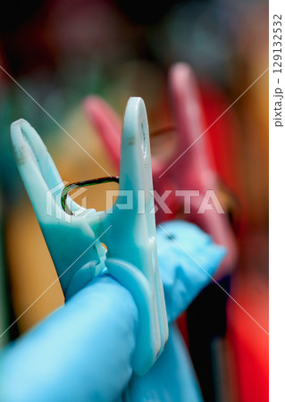 Colorful Clothes Pegs on a Street Corner in Pingxi New Taipei City Taiwan. 129132532