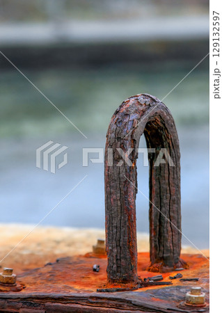 Rusted Mooring Bollard at Longgang Port Miaoli Taiwan. Rusted Mooring Bollard at Longgang Port Miaoli Taiwan. 129132597