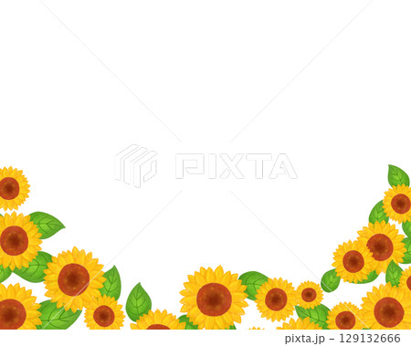 大人っぽい向日葵のフレーム素材　夏のチラシ・SNS・文書デザインに使える落ち着いた花の囲み枠素材 129132666