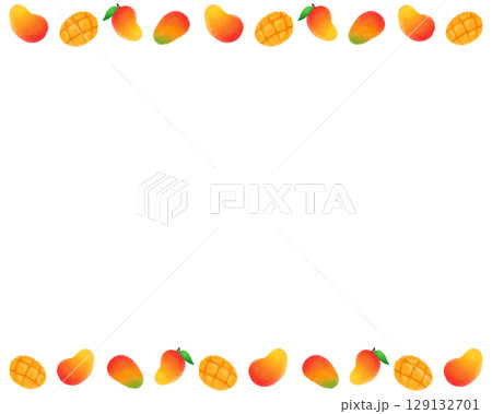 フレッシュなマンゴーの水彩フレームイラスト　明るく爽やかな夏のデザインにぴったり 129132701