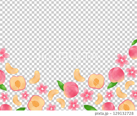 水彩桃框插畫。粉紅色可愛的成人水果圖案。推薦用於傳單、社交媒體和橫幅。 129132728