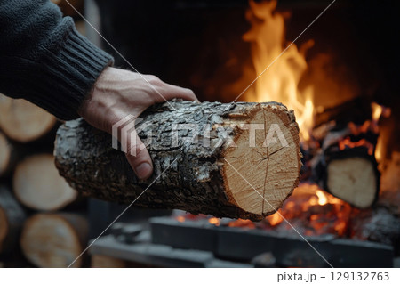 Hand placing firewood log into fireplace 129132763
