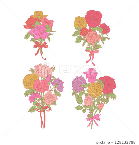 Hand drawn line art retro palette rose flowers bouquets set isolated on white background 129132789