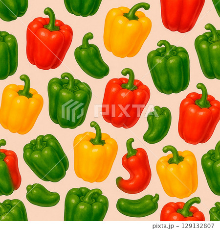 カラフルなパプリカとピーマンのイラスト背景・ベジタブルパターン素材 129132807