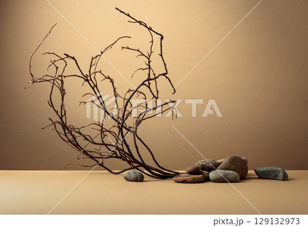 An intricately entwined branches and smooth stones against a beige background. 129132973