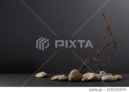 An intricately entwined branches and smooth stones against a black background. An intricately entwined branches and smooth stones against a black background. 129132974