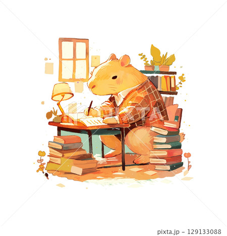 Capybara studying at a cozy desk surrounded by books and plants in a warm, inviting room during the afternoon sunlight 129133088