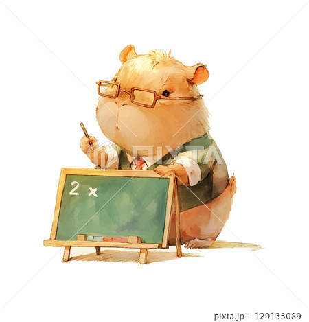 Cute hamster teaches math with chalkboard in classroom setting during daytime Cute hamster teaches math with chalkboard in classroom setting during daytime 129133089