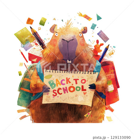 Capybara prepares for back to school season with colorful supplies and cheerful enthusiasm 129133090