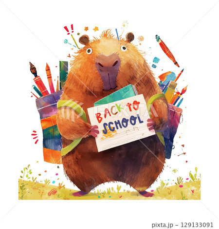 Capybara prepares for back to school season with colorful supplies and cheerful enthusiasm 129133091