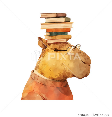 Capybara with glasses balances books on head while wearing a sweater in a cozy, colorful setting Capybara with glasses balances books on head while wearing a sweater in a cozy, colorful setting 129133095