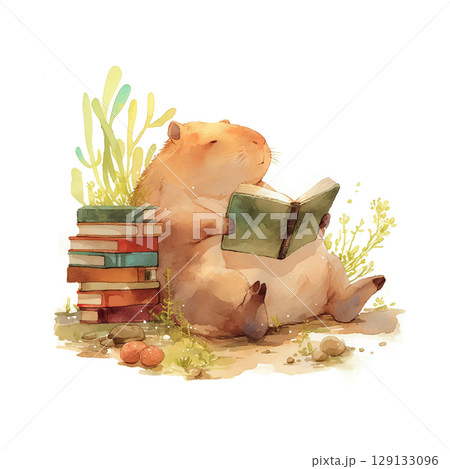 Capybara enjoys a peaceful afternoon reading among a stack of books in a serene natural setting 129133096
