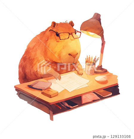 Capybara wearing glasses studies paperwork at a desk in a cozy workspace with warm lighting Capybara wearing glasses studies paperwork at a desk in a cozy workspace with warm lighting 129133108