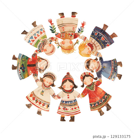 Children in traditional clothing celebrate culture in a joyful circle during a festive gathering Children in traditional clothing celebrate culture in a joyful circle during a festive gathering 129133175