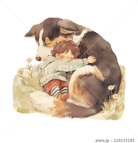 Young child embraces a loyal dog in a gentle outdoor setting surrounded by flowers 129133185