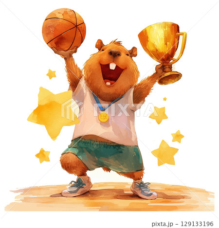 Cheerful cartoon character celebrating victory with trophy and basketball 129133196