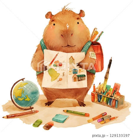 Adorable capybara holding a colorful map while surrounded by school supplies and a globe in a creative study space Adorable capybara holding a colorful map while surrounded by school supplies and a globe in a creative study space 129133197