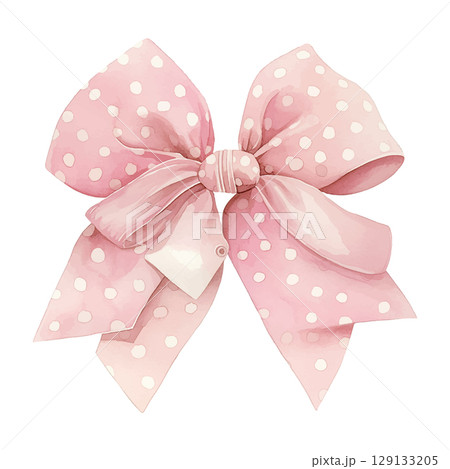 Pretty pink polka dot bow with soft edges on a white background showcasing delicate design and cheerful aesthetic 129133205