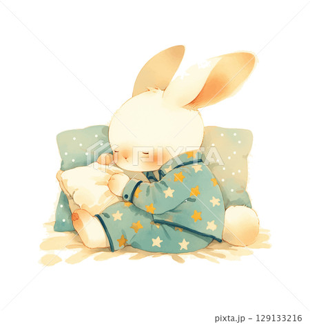 Cute bunny cuddles a pillow while wearing star-patterned pajamas in a cozy setting during nighttime 129133216