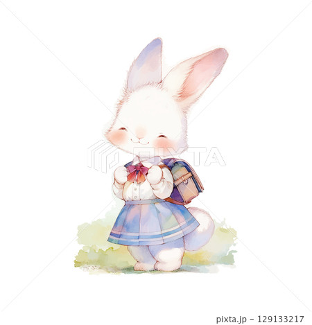 Cute cartoon bunny character wearing a dress and backpack, smiling happily in a colorful, cheerful setting 129133217