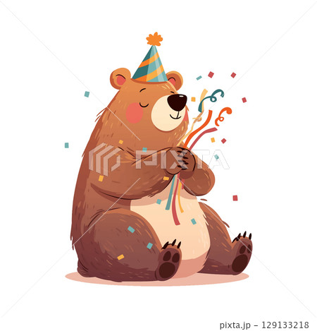 Bear celebrates with colorful streamers at a joyful party in a playful and festive setting 129133218