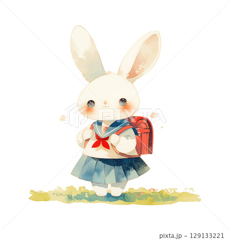 Cute rabbit in a school uniform with a backpack standing in a grassy area on a sunny day Cute rabbit in a school uniform with a backpack standing in a grassy area on a sunny day 129133221