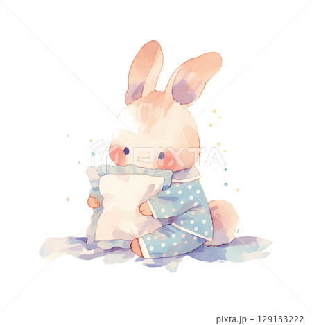 Cute bunny holding a pillow in cozy blue pajamas with polka dots at bedtime in a whimsical setting Cute bunny holding a pillow in cozy blue pajamas with polka dots at bedtime in a whimsical setting 129133222