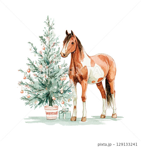 Brown and white horse standing near a decorated Christmas tree with presents underneath in a festive setting 129133241