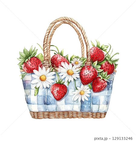 Basket overflowing with fresh strawberries and daisies in a country-style design Basket overflowing with fresh strawberries and daisies in a country-style design 129133246