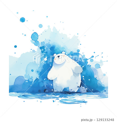 Conceptual art of a polar bear standing in vivid blue water and splashes of color, capturing the essence of a cold environment 129133248