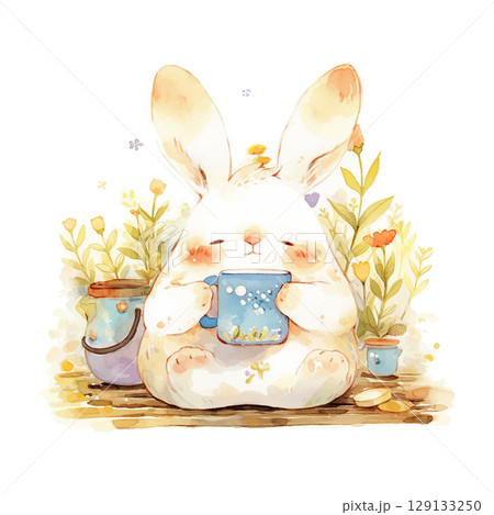 Cozy rabbit enjoying a warm drink while surrounded by citrus fruits in a serene setting Cozy rabbit enjoying a warm drink while surrounded by citrus fruits in a serene setting 129133250