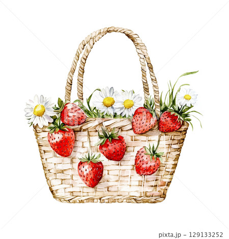 Basket overflowing with fresh strawberries and daisies in a country-style design 129133252