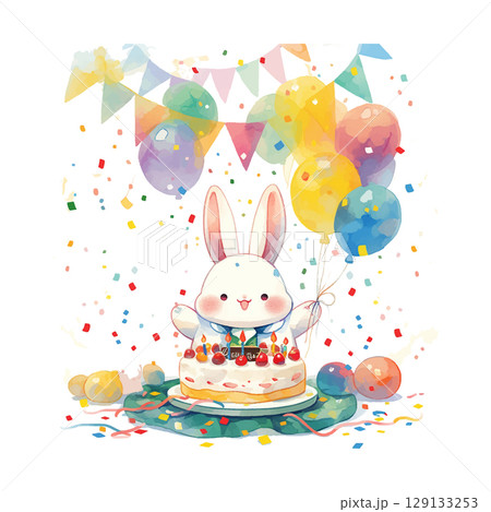 Cute bunny celebrates birthday with colorful balloons and cake at a festive party 129133253