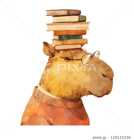 Capybara wearing glasses with a stack of books on its head during a cozy reading moment 129133256