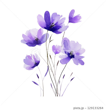 Purple watercolor flowers with delicate petals and stems in a serene arrangement 129133264