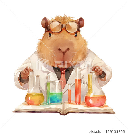 Capybara scientist conducting colorful experiments in a laboratory setting 129133266